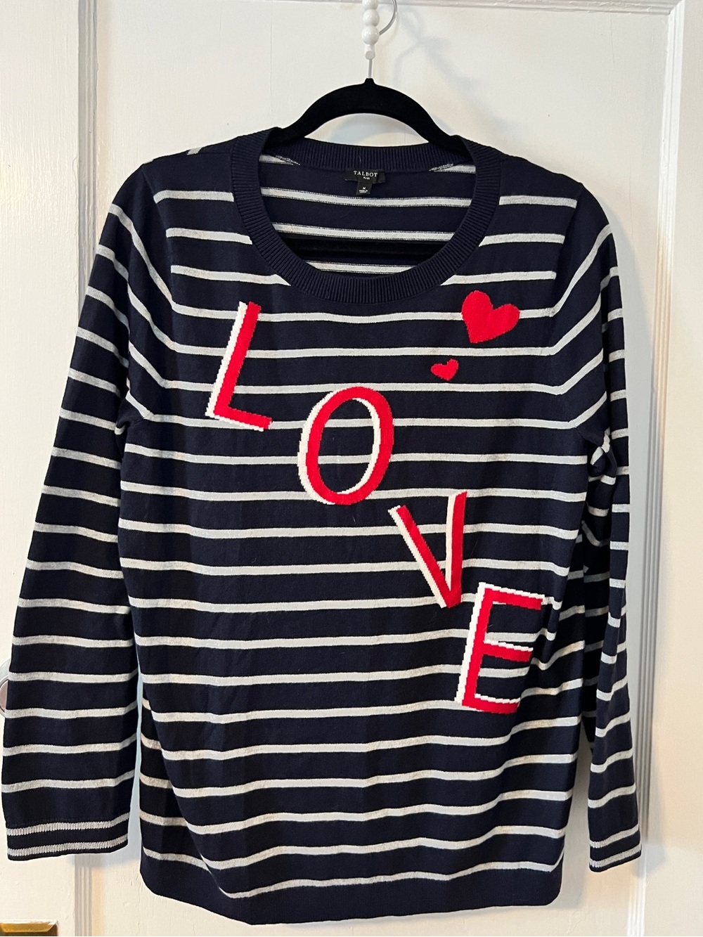 Talbots "LOVE" Navy Red Gray Striped Sweater 4th of July coastal Americana XL